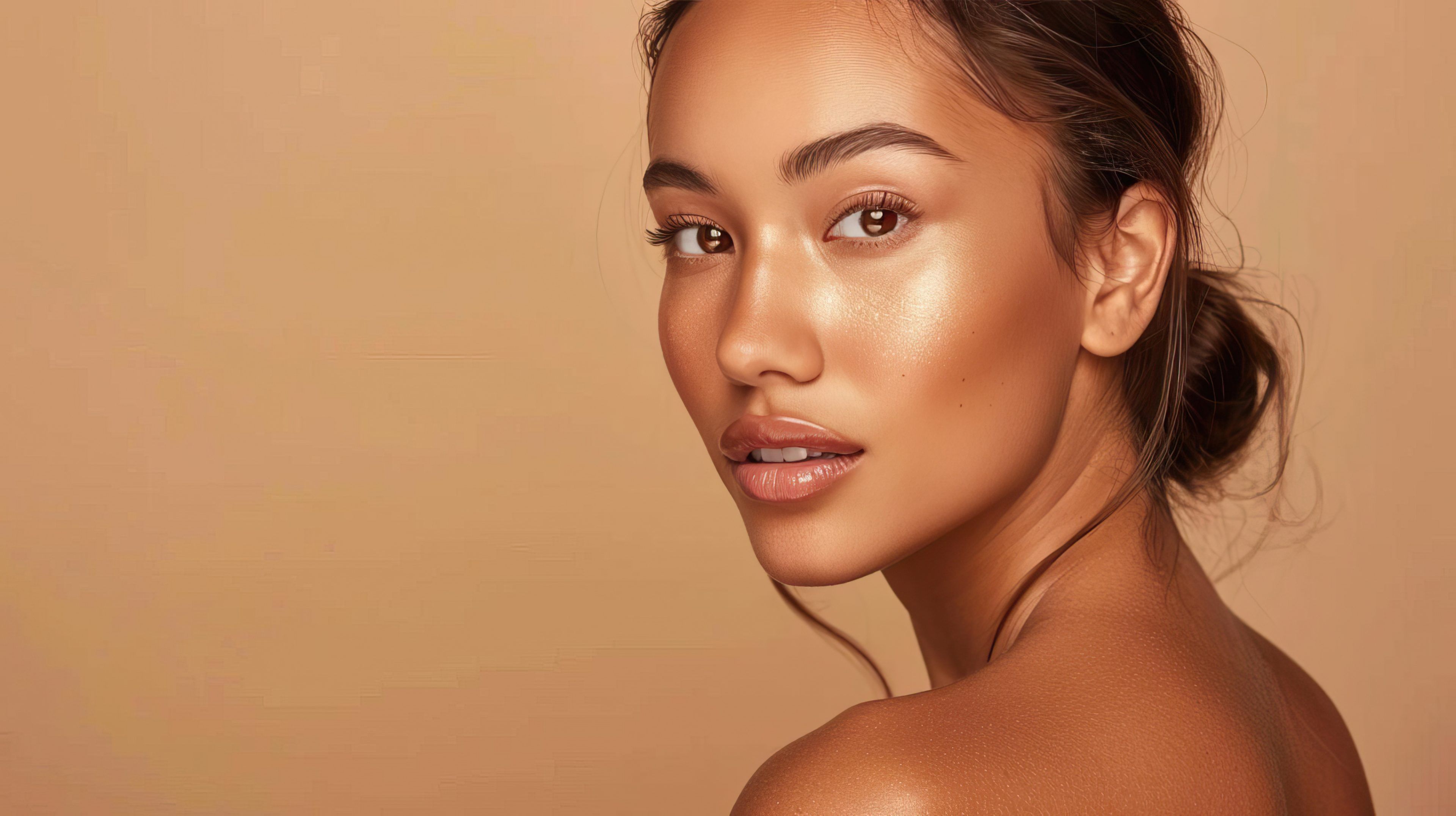 A woman with glowing skin and natural makeup is shown against a soft, peach background. Her expression is serene, exuding elegance and confidence.