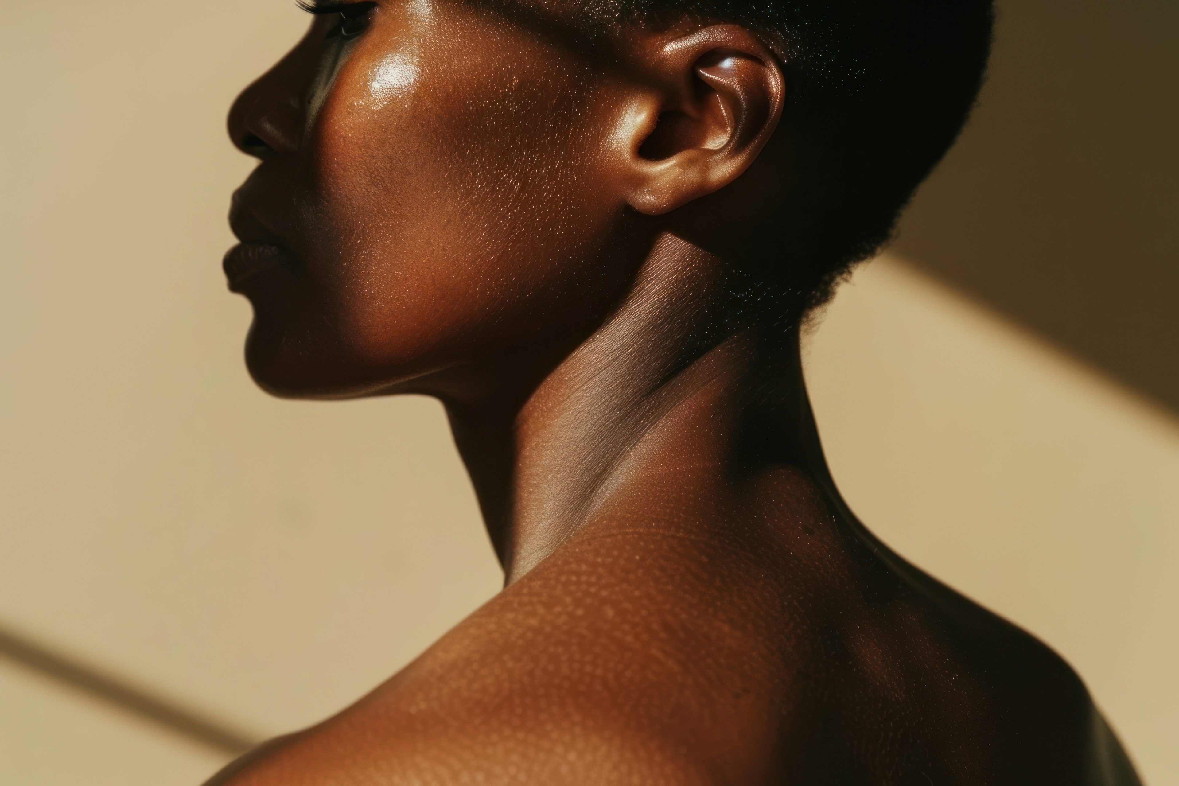 A person with smooth, glistening skin is shown in close-up profile against a warm beige background. Soft, angled light highlights their serene expression.