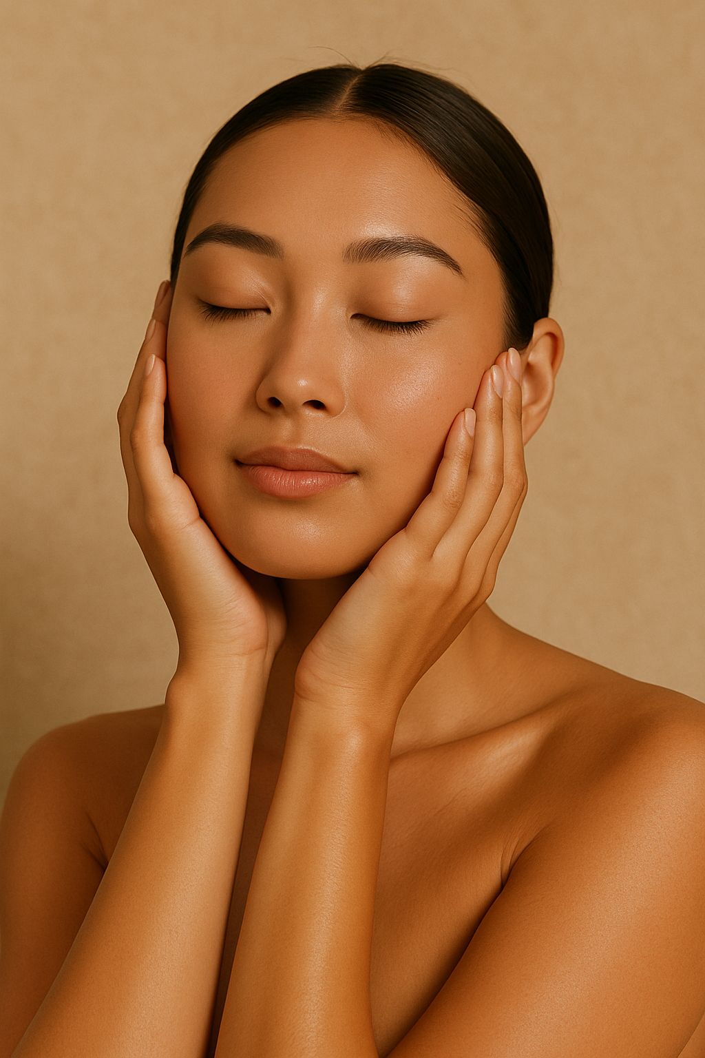 A serene woman with smooth skin gently touches her face with both hands, eyes closed. The background is a warm beige, conveying calm and relaxation.